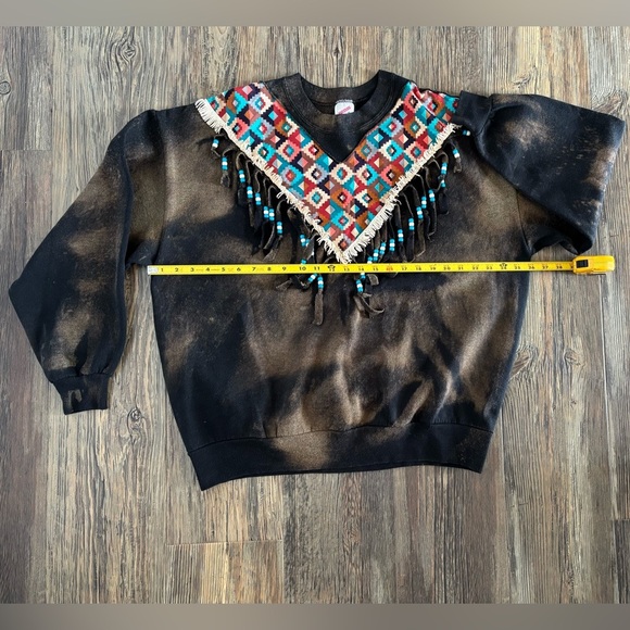 Vtg Jerzees Crewneck Sweatshirt Womens 2XL Aztec Black Bleach Dyed Beaded Fringe - Picture 4 of 11